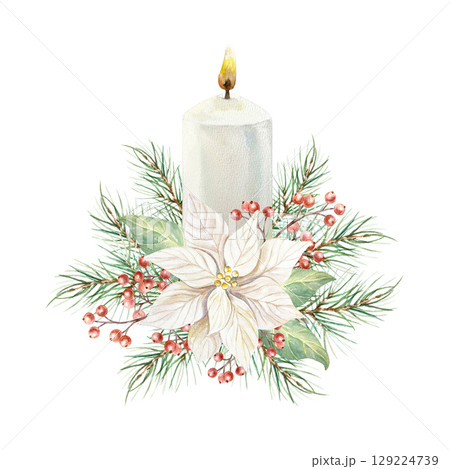 Christmas bouquet with white poinsettia, lit candle, green fir branches and sprigs of red berries watercolor illustration isolated. Hand drawn pastel New Year clip art for creating beautiful cards. 129224739