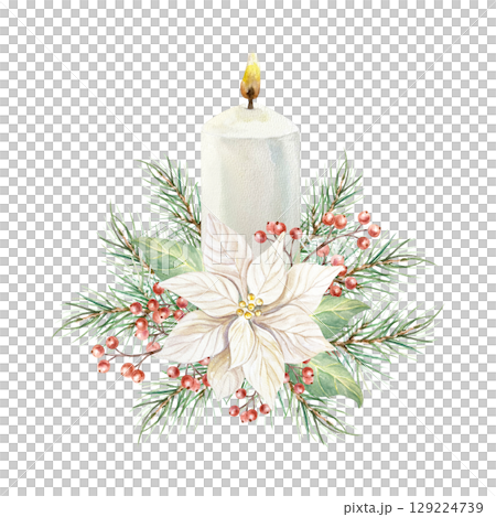 Christmas bouquet with white poinsettia, lit candle, green fir branches and sprigs of red berries watercolor illustration isolated. Hand drawn pastel New Year clip art for creating beautiful cards. 129224739