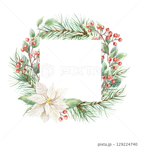 Christmas frame with white poinsettia flower, fir branches, cones, red berry sprigs, eucalyptus watercolor illustration isolated. Hand drawn pastel New Year clip art for creating beautiful cards. 129224740