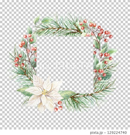 Christmas frame with white poinsettia flower, fir branches, cones, red berry sprigs, eucalyptus watercolor illustration isolated. Hand drawn pastel New Year clip art for creating beautiful cards. 129224740