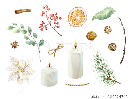 Christmas set with candles, fir branch, pine cones, white poinsettia, sprig of red berries, dried orange, cinnamon, star anise watercolor illustration isolated. Hand drawn pastel New Year clip art. 129224742
