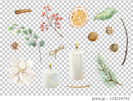 Christmas set with candles, fir branch, pine cones, white poinsettia, sprig of red berries, dried orange, cinnamon, star anise watercolor illustration isolated. Hand drawn pastel New Year clip art. 129224742