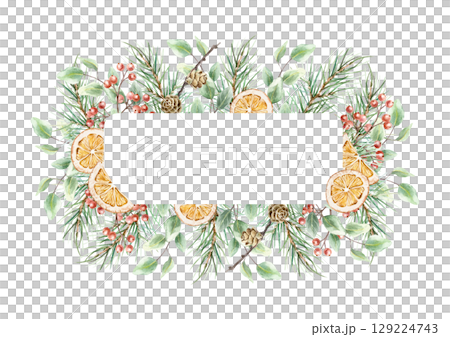 Christmas template for text with dried oranges, fir branches, cones, sprigs of red berries, eucalyptus watercolor illustration isolated. Hand drawn pastel New Year clip art. 129224743