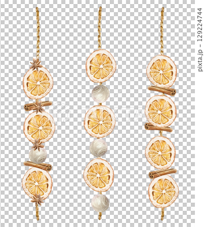 Dried orange slices, cinnamon sticks, wooden balls, anise stars hanging on a string. Christmas decor watercolor illustration isolated. Hand drawn pastel New Year clip art for creating beautiful cards. 129224744