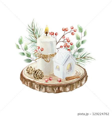 Christmas candle, candlestick house, cones, fir branches, eucalyptus, sprig of red berries located on a wooden saw cut watercolor illustration isolated. Hand drawn pastel New Year clip art. 129224762
