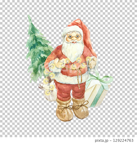 Santa Claus with a garland of glowing lights in his hands, Christmas tree, gift box watercolor illustration isolated. Hand drawn pastel New Year clip art for creating beautiful cards and invitations. 129224763