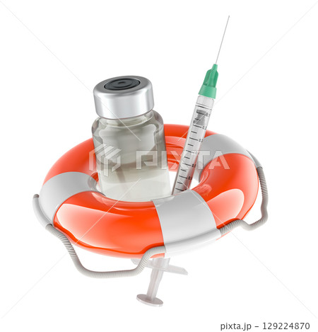 Medical rescue concept. Vial and syringe in lifebuoy. 3D rendering Medical rescue concept. Vial and syringe in lifebuoy. 3D rendering 129224870
