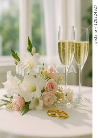 Wedding rings with champagne glasses and floral bouquet. Elegant wedding composition with two gold rings 129224927