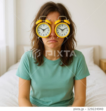Sleepy woman with yellow alarm clocks in front of her eyes. Humorous facial expression and bedroom background. Sleepy woman with yellow alarm clocks in front of her eyes. Humorous facial expression and bedroom background. 129224940