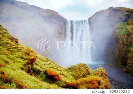 Lovely view of famous Skogafoss waterfall and scenic surroundings. Location place Skoga river, Iceland, Europe. Lovely view of famous Skogafoss waterfall and scenic surroundings. Location place Skoga river, Iceland, Europe. 129225250
