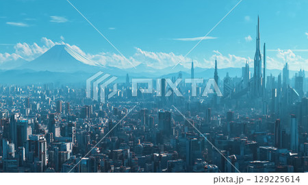未来都市と富士山 129225614