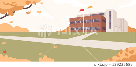 University yard in autumn cartoon background with building architecture and green park landscape 129225689