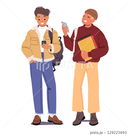 Teenage students cartoon classmates characters using smartphone standing together isolated on white 129225693