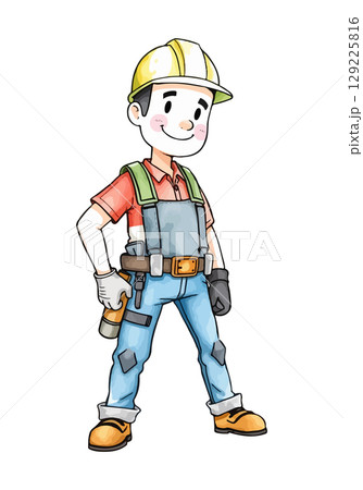 Cute builder watercolor vector illustration. 129225816
