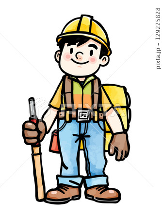 Cute builder watercolor vector illustration. 129225828