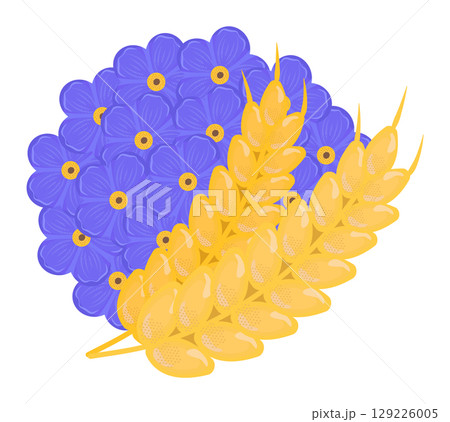 Forget me not round bouquet, wild flowers in blue and yellow colors and two ears of wheat 129226005