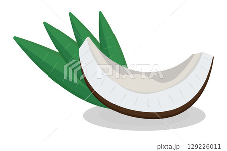 Coconut piece with leaves, juicy raw nut slice, colorful illustration Coconut piece with leaves, juicy raw nut slice, colorful illustration 129226011