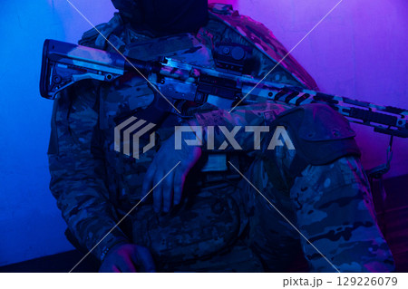 Tactical Soldier in Action Helmet On Off Dramatic Lights Smoke Tactical Soldier in Action Helmet On Off Dramatic Lights Smoke 129226079