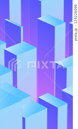 Minimalist 3D abstract cityscape made of vertical gradient blocks in blue and purple hues 129226096