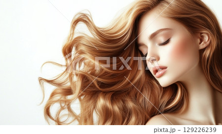 Woman with flowing wavy blonde hair and serene expression against light background. Beauty and elegance concept 129226239