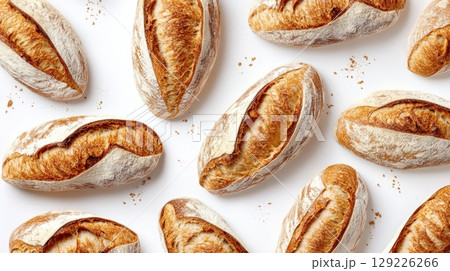 Artisan bread loaves with crispy crust on white background, top view. Freshly baked bread and culinary concept Artisan bread loaves with crispy crust on white background, top view. Freshly baked bread and culinary concept 129226266