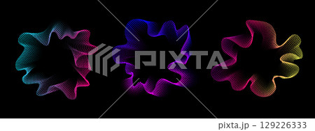Set of multicolored neon abstract sound dots wave oscillations. Sound curve. Digital equalizer. Colorful template for music poster, banner. Vector radial spectrum on black background 129226333