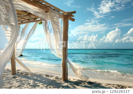 Beach cabana with flowing curtains, luxury, summer landscape. Beach cabana with flowing curtains, luxury, summer landscape. 129226337
