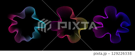 Set of multicolored abstract sound dots wave oscillations. Sound curve. Digital equalizer. Colorful neon template for music poster and banner. Vector radial spectrum Set of multicolored abstract sound dots wave oscillations. Sound curve. Digital equalizer. Colorful neon template for music poster and banner. Vector radial spectrum 129226338