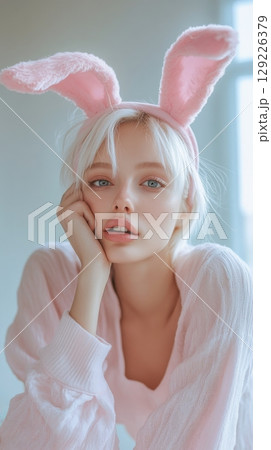 Girl in pink sweater with bunny ears, soft natural light portrait. spring fashion and playful youth concept 129226379