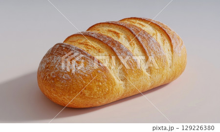 Loaf of freshly baked bread with golden crust, food photography concept 129226380