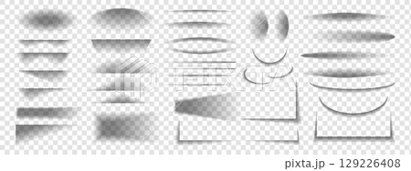Set of transparent shadows. Realistic shadow effect of paper or packing box. Vector round and oval, square, rectangular shadows , shadow stripes on transparent background. 129226408