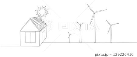 Drawing of house with solar panel on roof and wind turbines one continuous line .Renewable solar and wind green energy concept . Vector editable stroke in simple linear style . Drawing of house with solar panel on roof and wind turbines one continuous line .Renewable solar and wind green energy concept . Vector editable stroke in simple linear style . 129226410