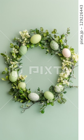 Easter wreath with pastel eggs and flowers on green background. spring decoration and holiday concept 129226443