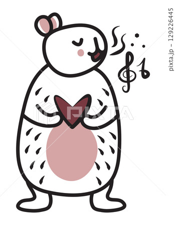 Cute singing capybara, black line vector doodle, trendy kawaii singer character, big friendly rodent musician for a postcard, coloring page, fabric prints, etc. 129226445
