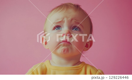 Thoughtful baby with expressive face against pink background, emotion and innocence concept 129226446