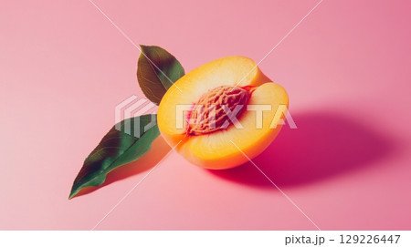 Peach half with pit and leaves on pink background, fresh fruit and summer concept 129226447