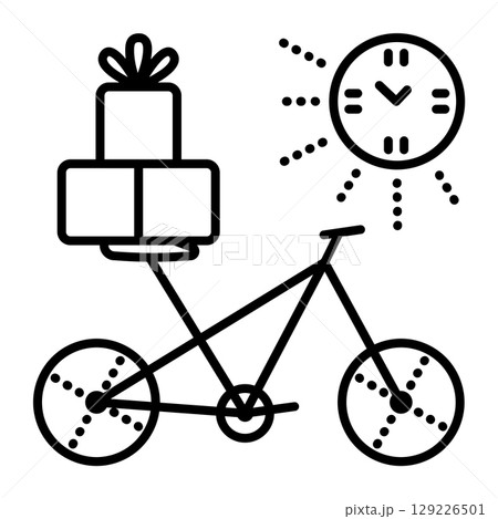 Delivery by bike, black line vector icon, sign of bicycle with parcels and pictogram of sun-clock, day delivery 129226501