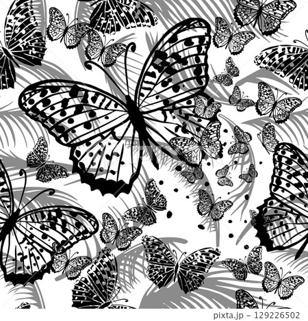 Monochrome seamless background butterflies and palm leaves. hand drawn. Not AI, Vector illustration Monochrome seamless background butterflies and palm leaves. hand drawn. Not AI, Vector illustration 129226502
