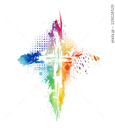 Christian cross vector. colored blotted cross. hand drawn. Not AI, Vector 129226520