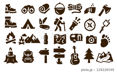 camping in the mountains icons set 129226549