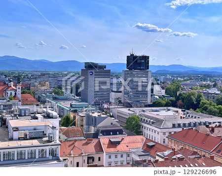 A view of Ljubljana from the outside observation deck terrace at the top of the Neboticnik Skyscraper in central Ljubljana 129226696