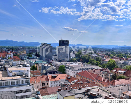 A view of Ljubljana from the outside observation deck terrace at the top of the Neboticnik Skyscraper in central Ljubljana A view of Ljubljana from the outside observation deck terrace at the top of the Neboticnik Skyscraper in central Ljubljana 129226698