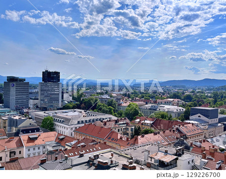 A view of Ljubljana from the outside observation deck terrace at the top of the Neboticnik Skyscraper in central Ljubljana A view of Ljubljana from the outside observation deck terrace at the top of the Neboticnik Skyscraper in central Ljubljana 129226700