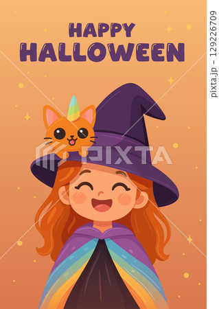 Cute Halloween greeting with smiling witch girl and unicorn cat on her hat 129226709