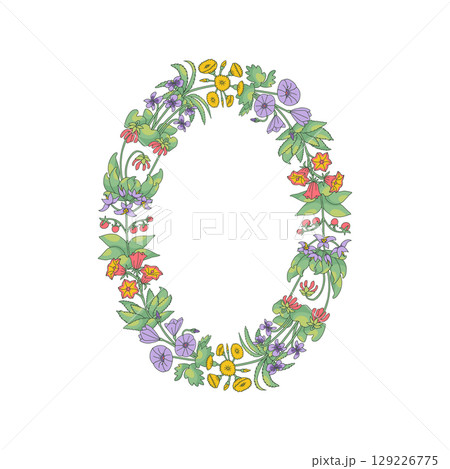 Hand drawn line art canary islands flowers wreath. Card template with cute floral frame Hand drawn line art canary islands flowers wreath. Card template with cute floral frame 129226775