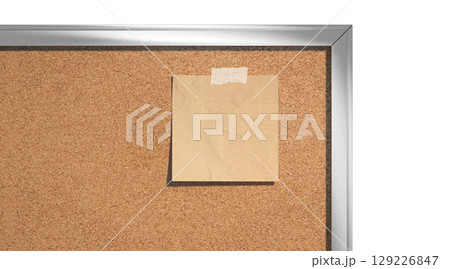 Blank craft paper note taped cork-board mockup, depth of field 129226847