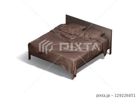 Blank wooden double bed with brown bedding mockup, side view 129226851