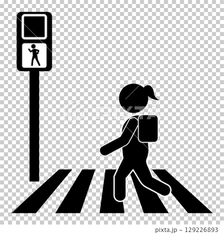 Pictogram of an elementary school student crossing the street at a crosswalk Pictogram of an elementary school student crossing the street at a crosswalk 129226893