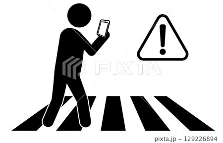 横断歩道でスマホを見ながら歩く危険な歩行者のピクトグラム 129226894