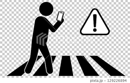 横断歩道でスマホを見ながら歩く危険な歩行者のピクトグラム 129226894
